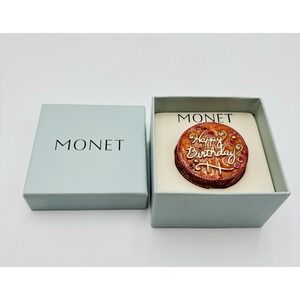 MONET Happy Birthday Cake Trinket Box Enamel Rhinestone Gold Tone w Gift Box
